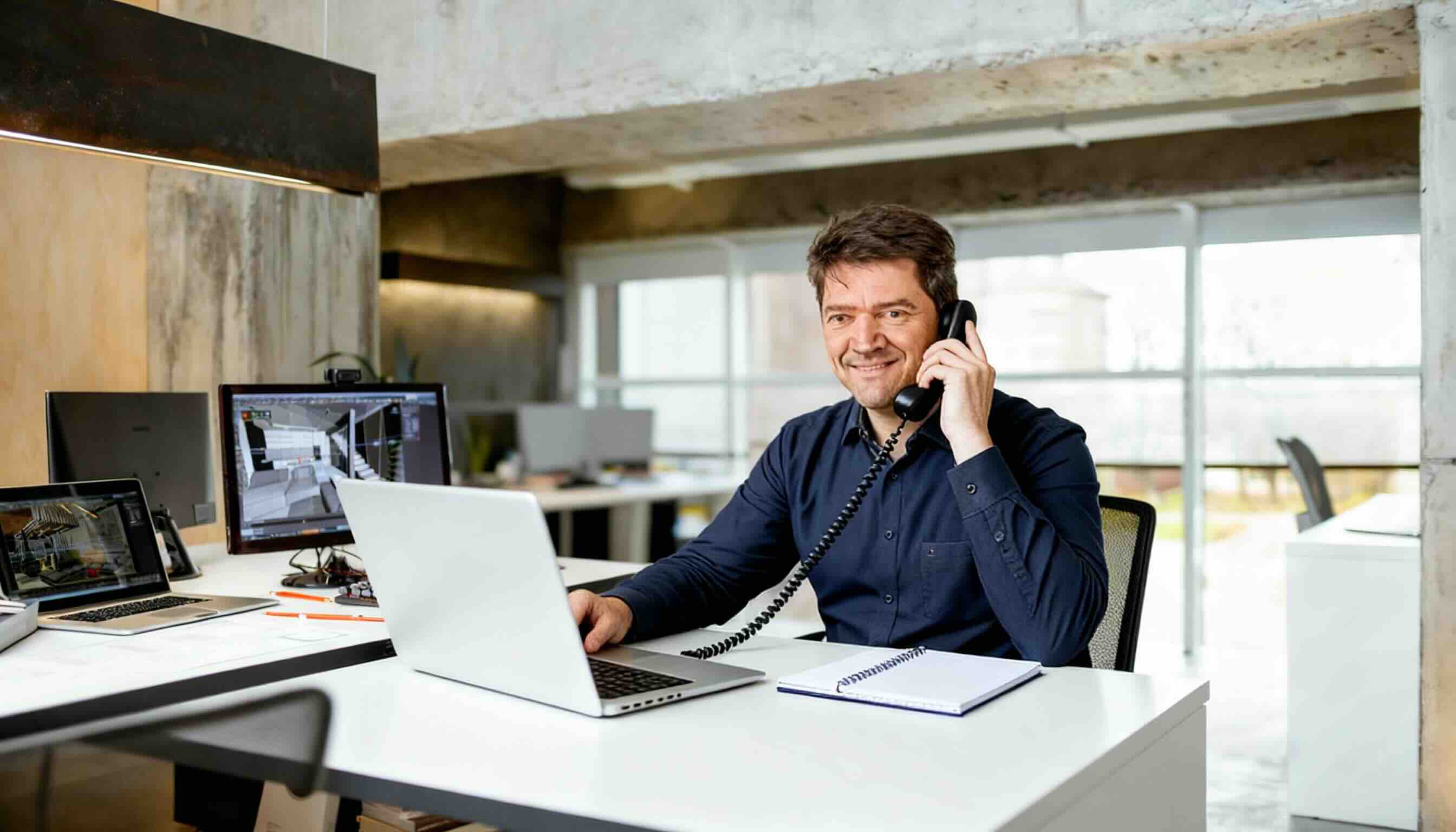 Roman Schneider am Telefon im Büro (KI-generiert)