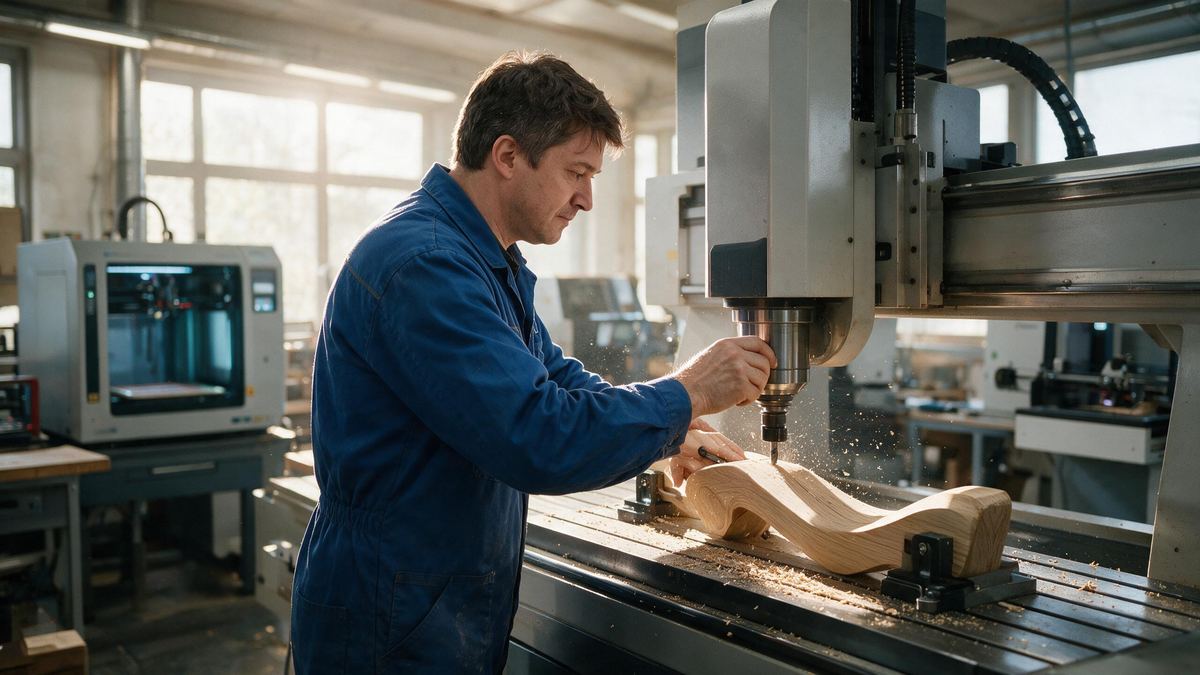 Roman Schneider an der CNC-Fräse bei der Fertigung eines Massivholzteils (KI-generiert)