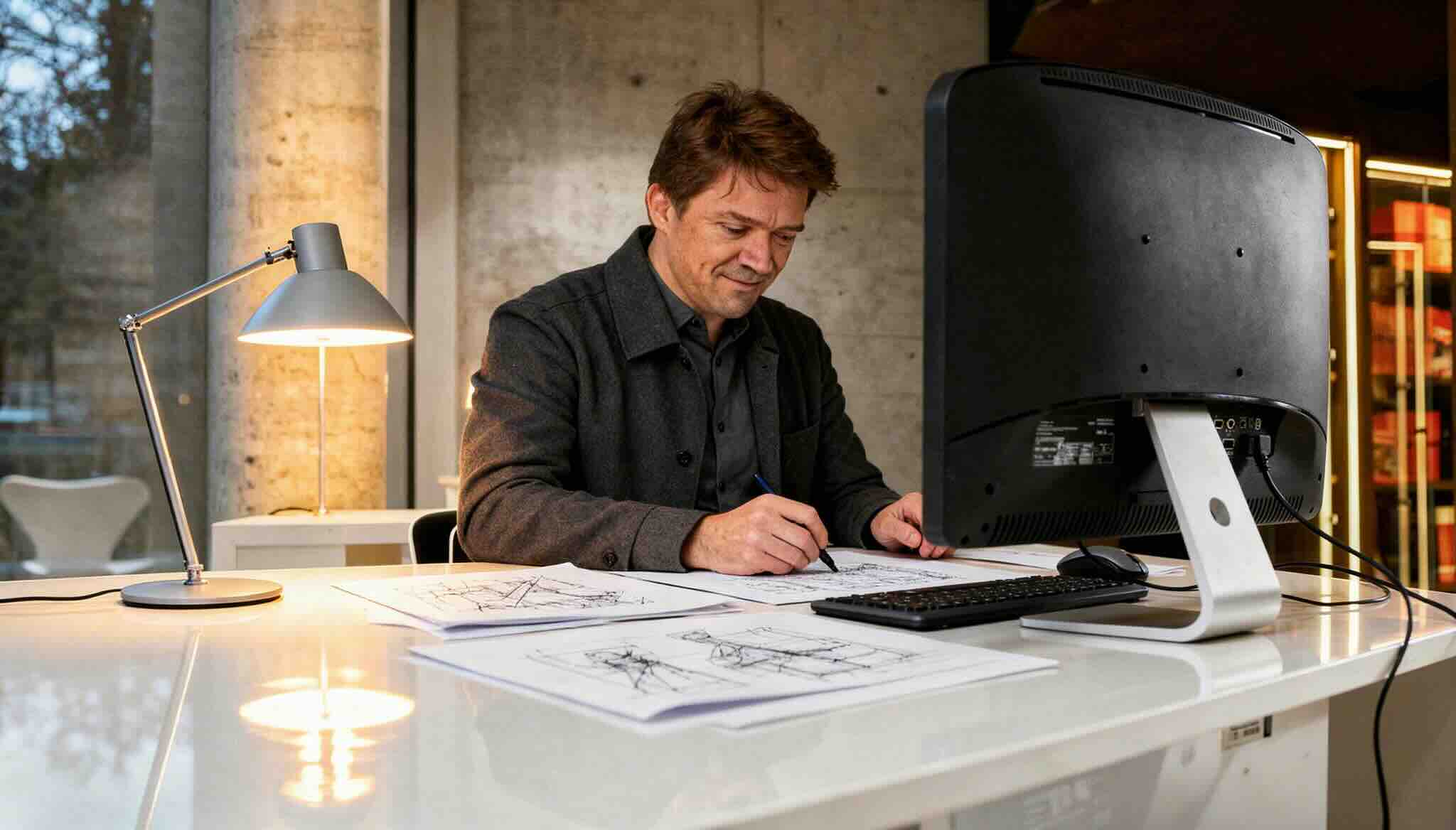 Roman Schneider bei der Entwurfsarbeit am Schreibtisch (KI-generiert)