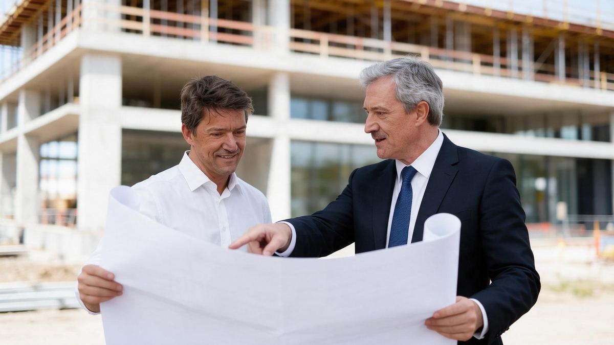 Roman Schneider bespricht Pläne mit einem Bauherrn auf der Baustelle (KI-generiert)